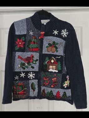 CARLY ST CLAIRE Ugly Christmas Blue Zip Up Sweater Beaded/Embroidered Sz SMALL